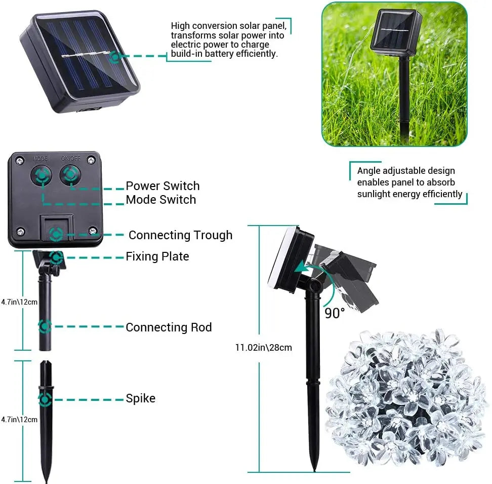 10M/7M Solar String Christmas Light, Solar-powered string light with adjustable angle and ON/OFF switch for efficient charging.