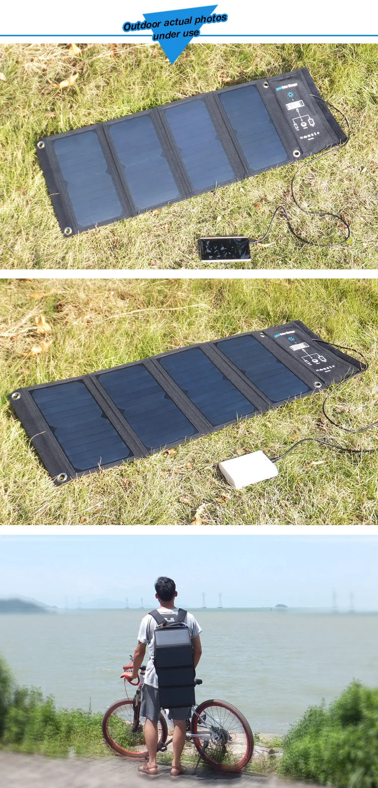 28W Portable Solar Panel, Solar-powered phone charger with accessories, including USB cable and manual, backed by dedicated customer support.