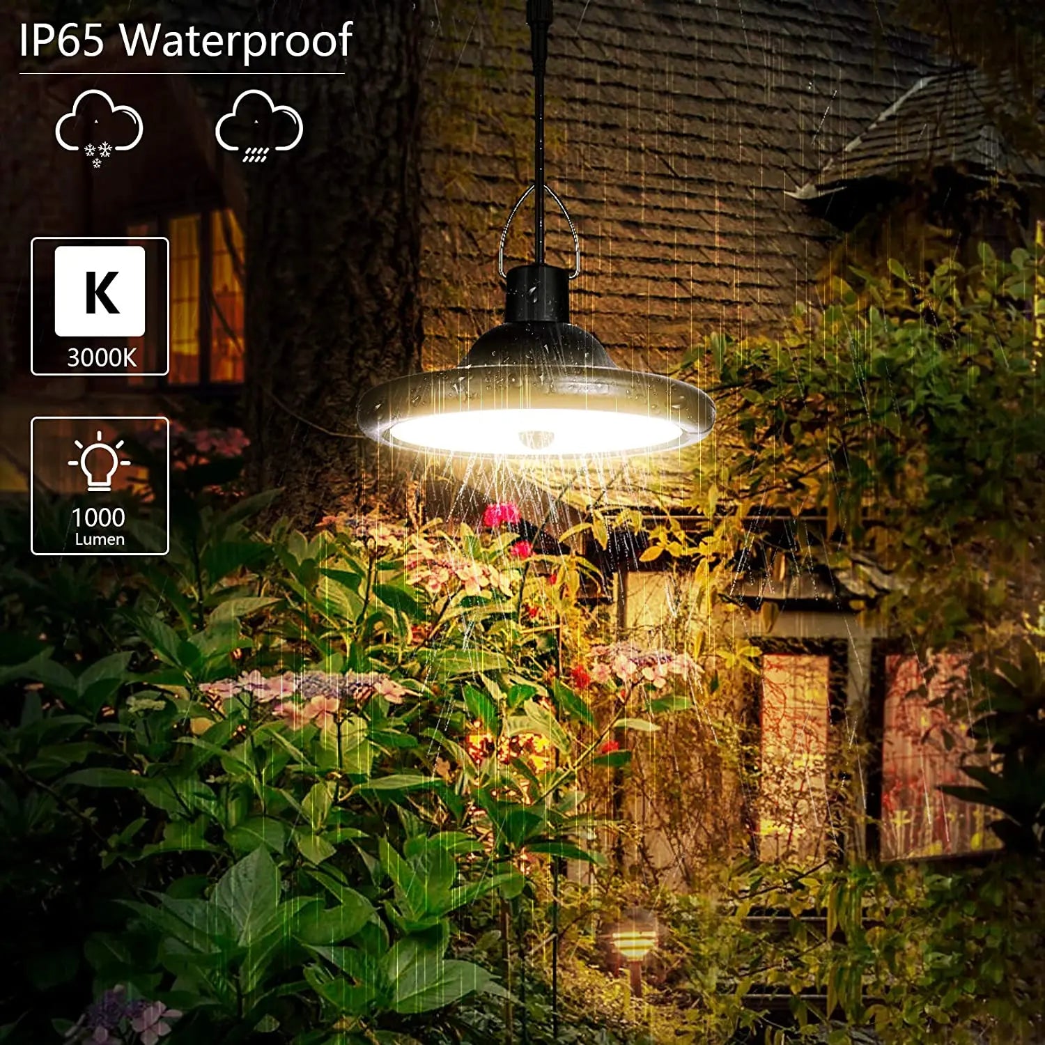 Double Head Solar Pendant Light, IP66 waterproof, 3000K color temperature, 1000 lumen output.