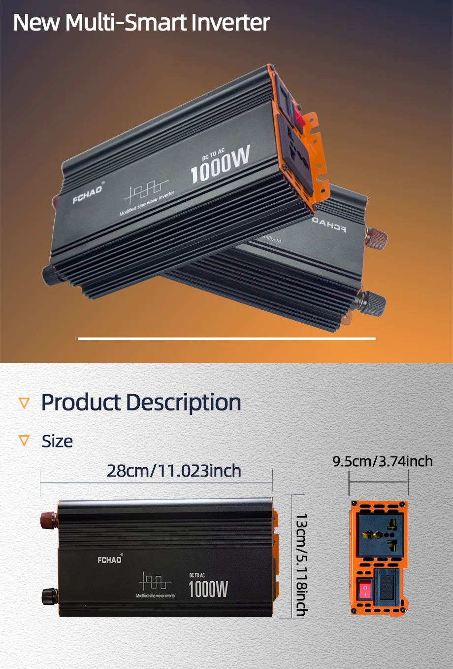 FCHAO 1000W Ups Modified Sine Wave Inverter, Converts DC power to AC power for car accessories, solar panels, and more.