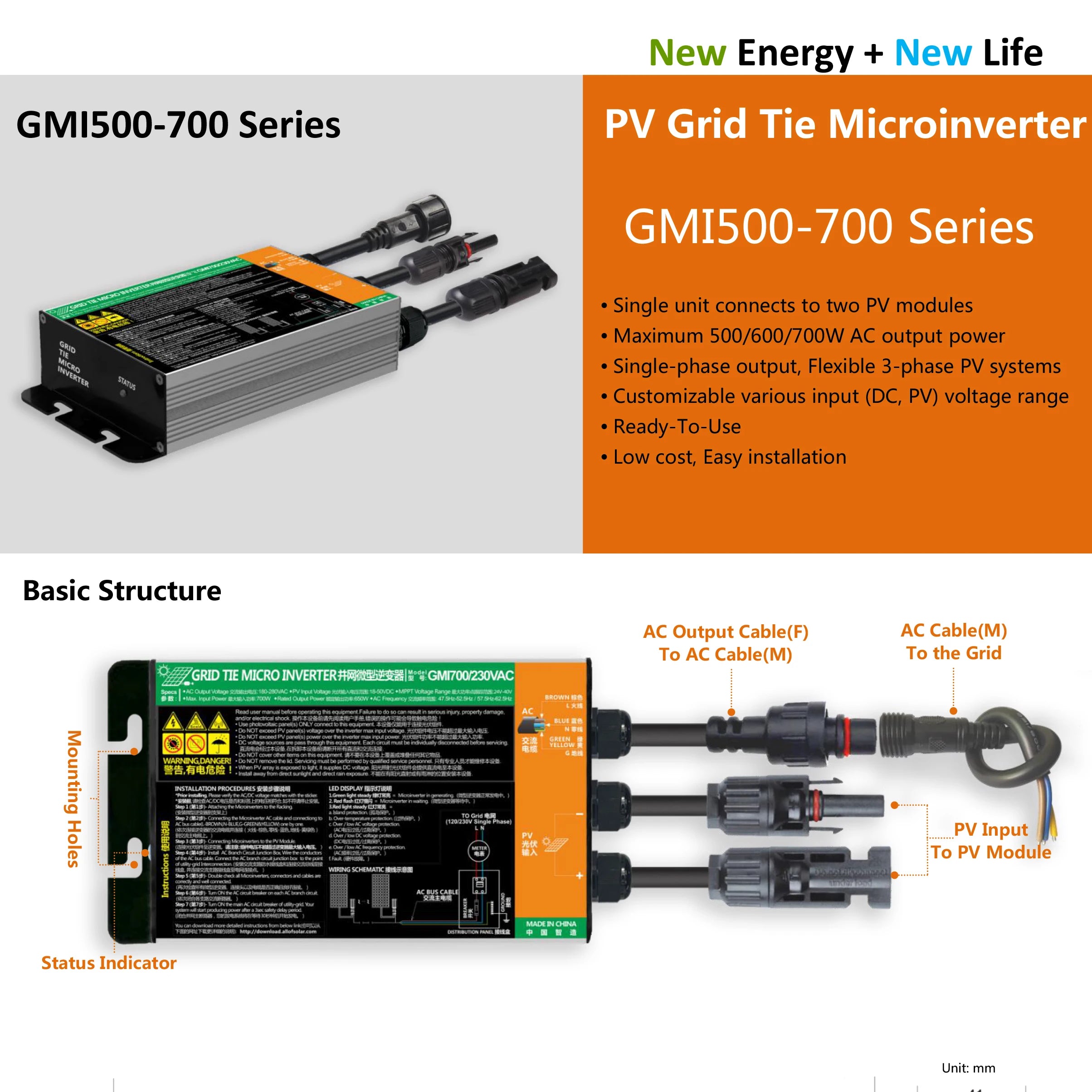 MPPT Solar Grid Tie Micro Inverter, Compact microinverter connects two PV modules, outputting up to 700W AC power for residential and commercial solar use.