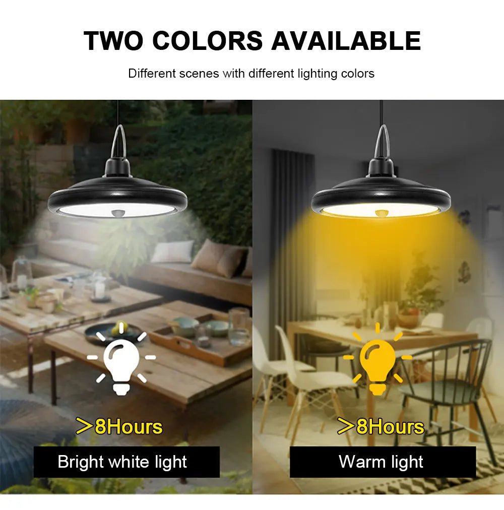 Double Head Solar Pendant Light, Two color options: bright white for 8 hours and warm light for another 8 hours.
