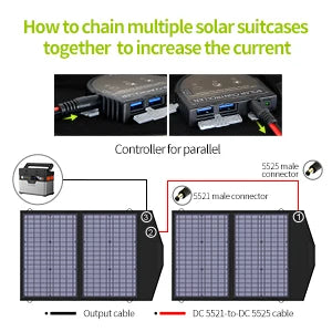 ALLPOWERS 18V Foldable Solar Panel, Parallel connect multiple panels with a controller for increased current and power output.