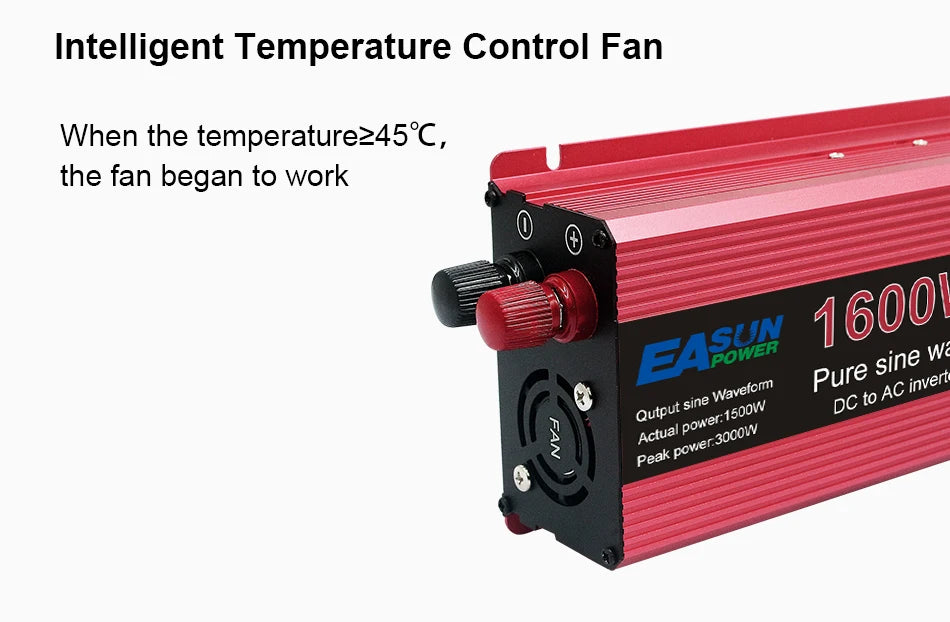 Inverter features smart cooling and converts 12V DC to 3000W AC power.