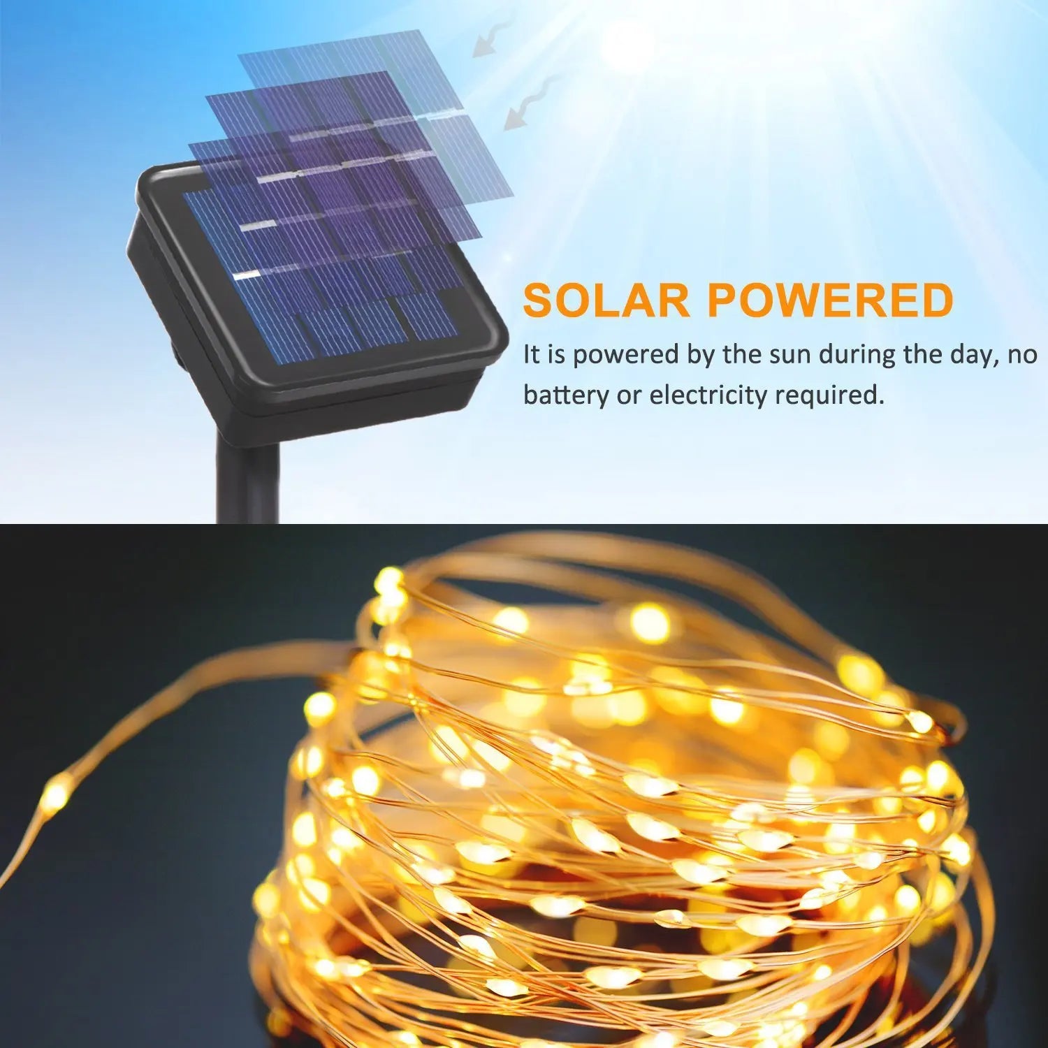 LED Solar Fairy Light, Solar-powered lamp for outdoor use, requiring no batteries or electricity.