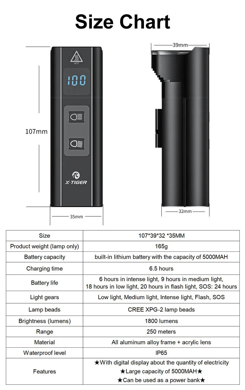 X-TIGER QD-1301 Front Light, Rechargeable LED flashlights with 2400 lumens and 6400mAh power for outdoor mountain bike headlights.