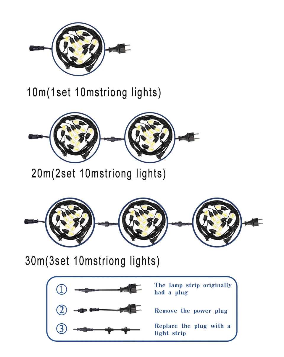 Waterproof LED string lights in various lengths (10m, 20m, or 30m) for outdoor use.