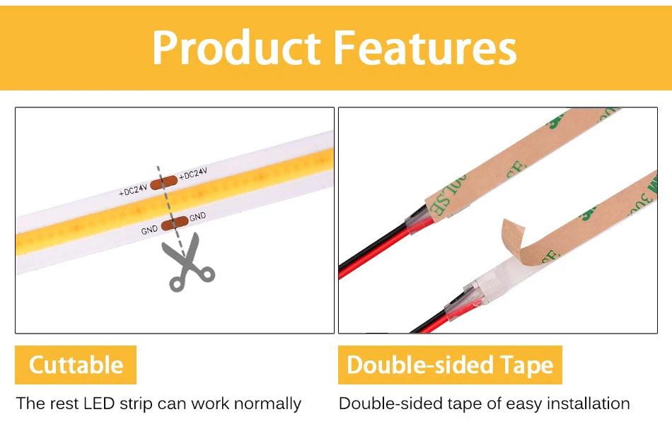 UL Listed COB LED Strip Light, Cuttable tape and DC 12V/24V compatibility for easy installation and use.