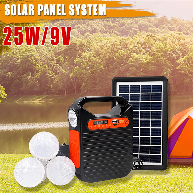 Solar panel system with 25W power output, ideal for charging devices and providing emergency lighting.