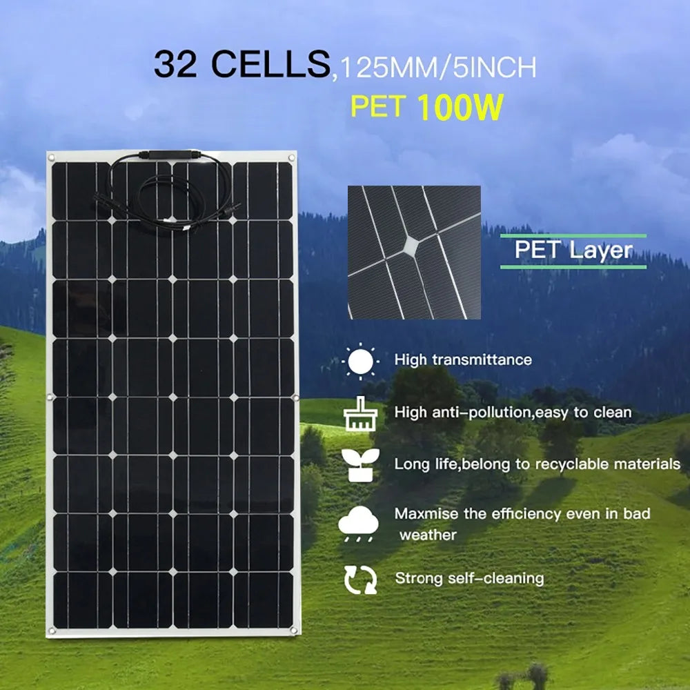 400W 300W 200W 100W Solar Panel, High-efficiency PET solar panel with 32 cells, easy cleaning, and recyclable materials.