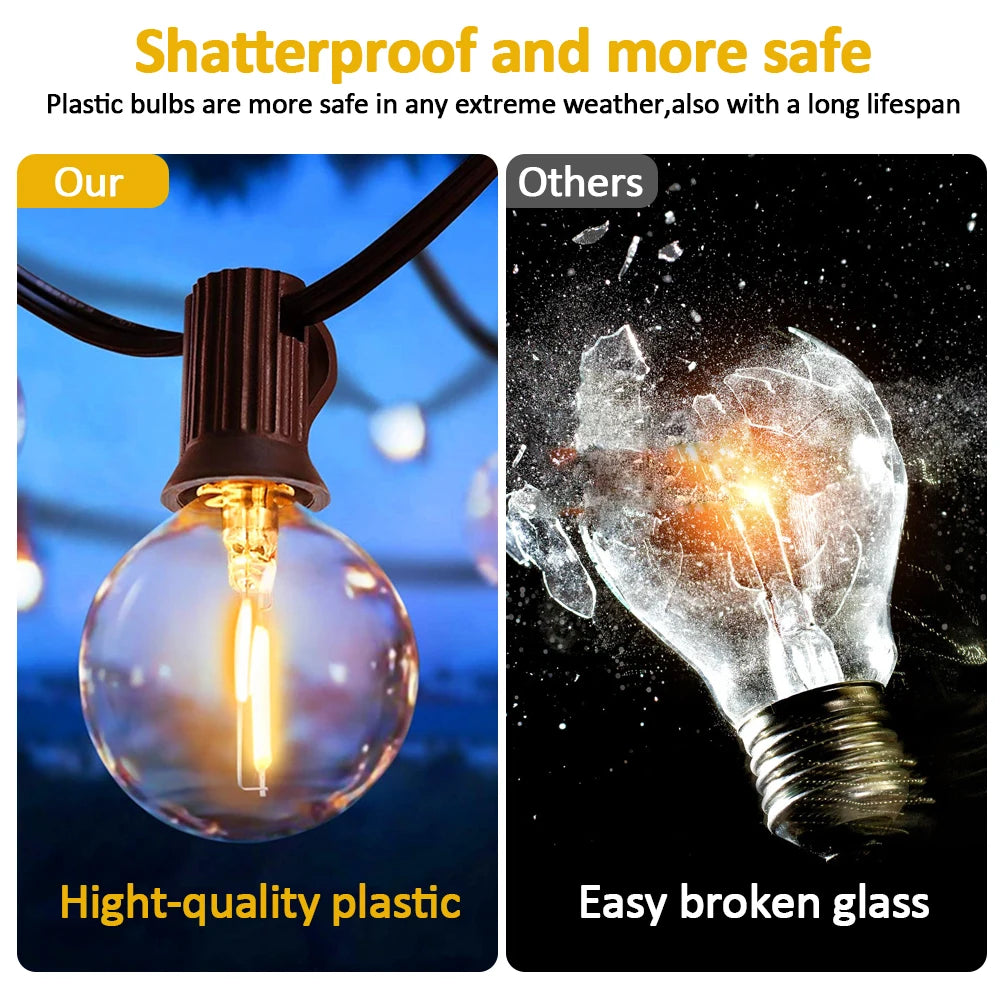 10M  20 LEDS  G40 Solar String Light, Shatterproof plastic bulbs offer safety, durability, and long-lasting performance for outdoor use in various weather conditions.