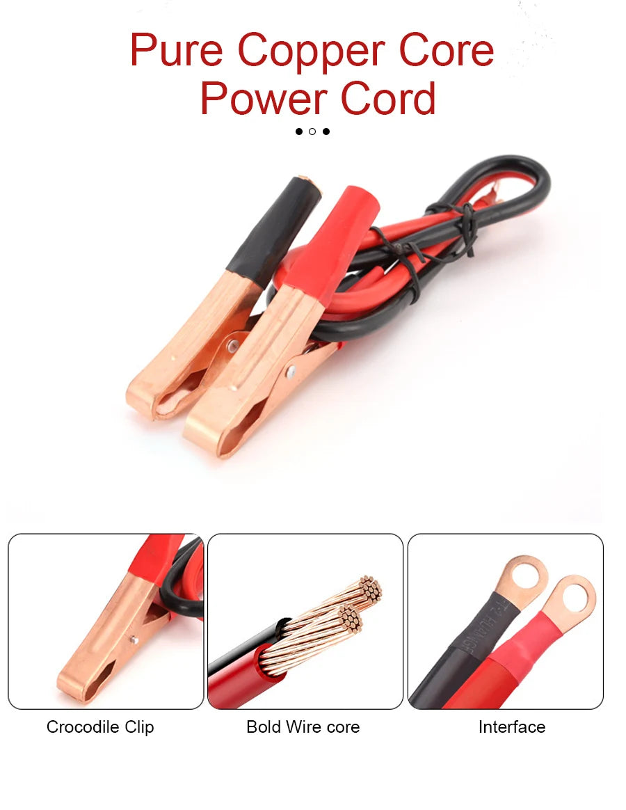 Car Power Inverter, Features pure copper core wire with crocodile clips for secure connections.