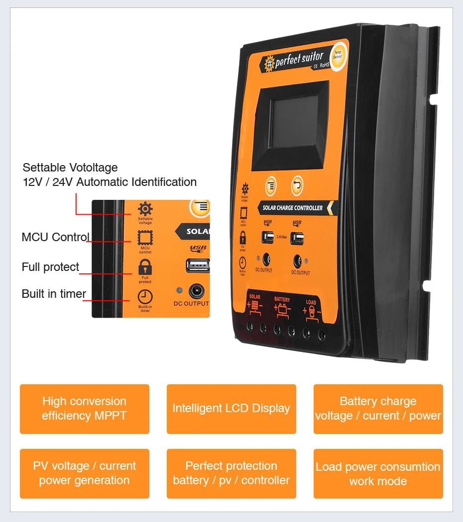 PowMr Mppt+PWM Solar Charge Controller, Powerful solar charge controller with voltage setting, timer, and full protection features for optimal battery charging.