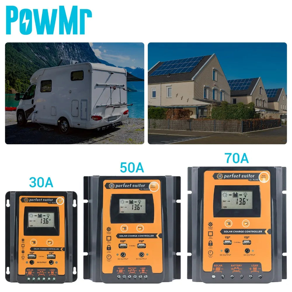 PowMr Mppt+PWM Solar Charge Controller, Solar charge controller with PWM tech for 12V or 24V systems, featuring dual USB ports and LCD display.