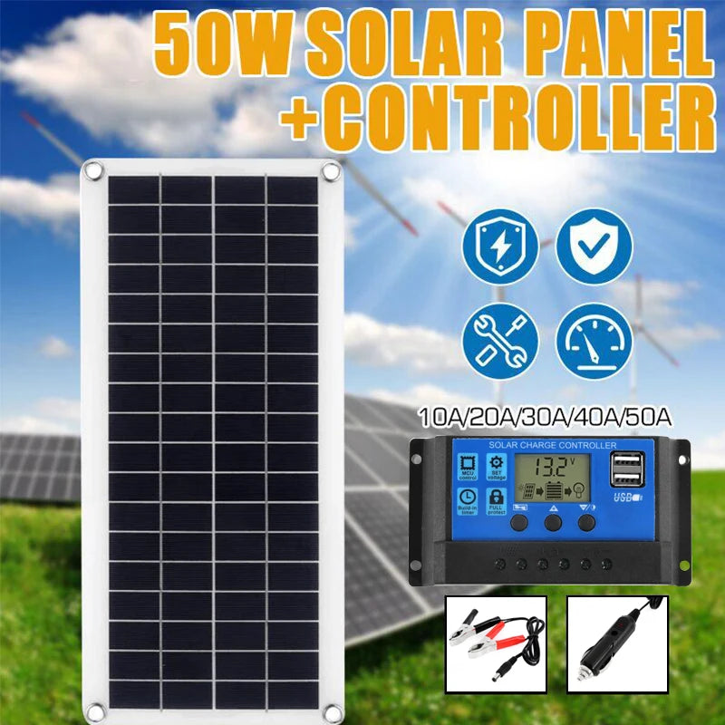50W Solar Panel, Solar panel charger for cars, yachts, or boats with dual USB ports and controller.