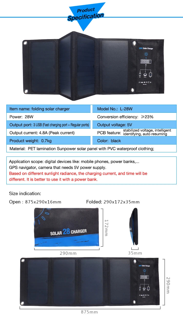 28W Portable Solar Panel - Foldable