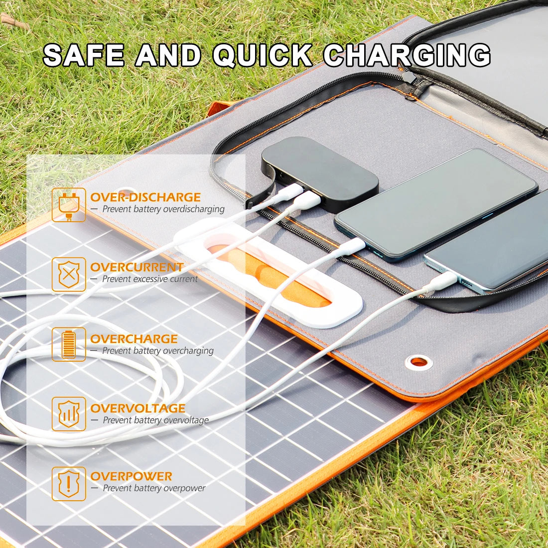 FlashFish Solar Panel, Advanced safety features prevent device damage from over-discharge to overload.