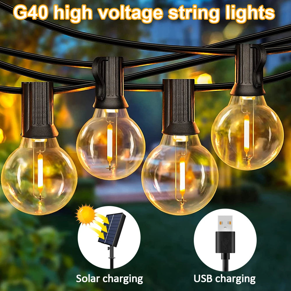 10M  20 LEDS  G40 Solar String Light, Bright G40 solar-powered string lights charge via USB or solar panel.