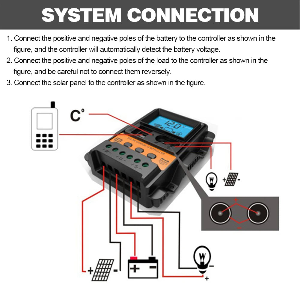 LCD Solar Charge Controller, Connect battery, load, and solar panel to charger controller according to diagram for automatic detection and charging.
