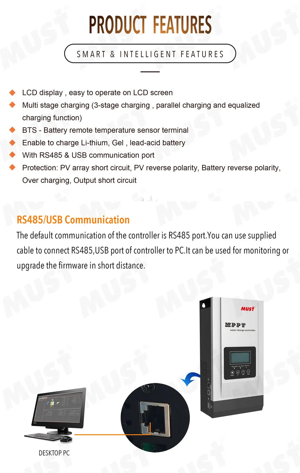 Solar charge controller regulates solar power input, suitable for home use with parallel and series connections.