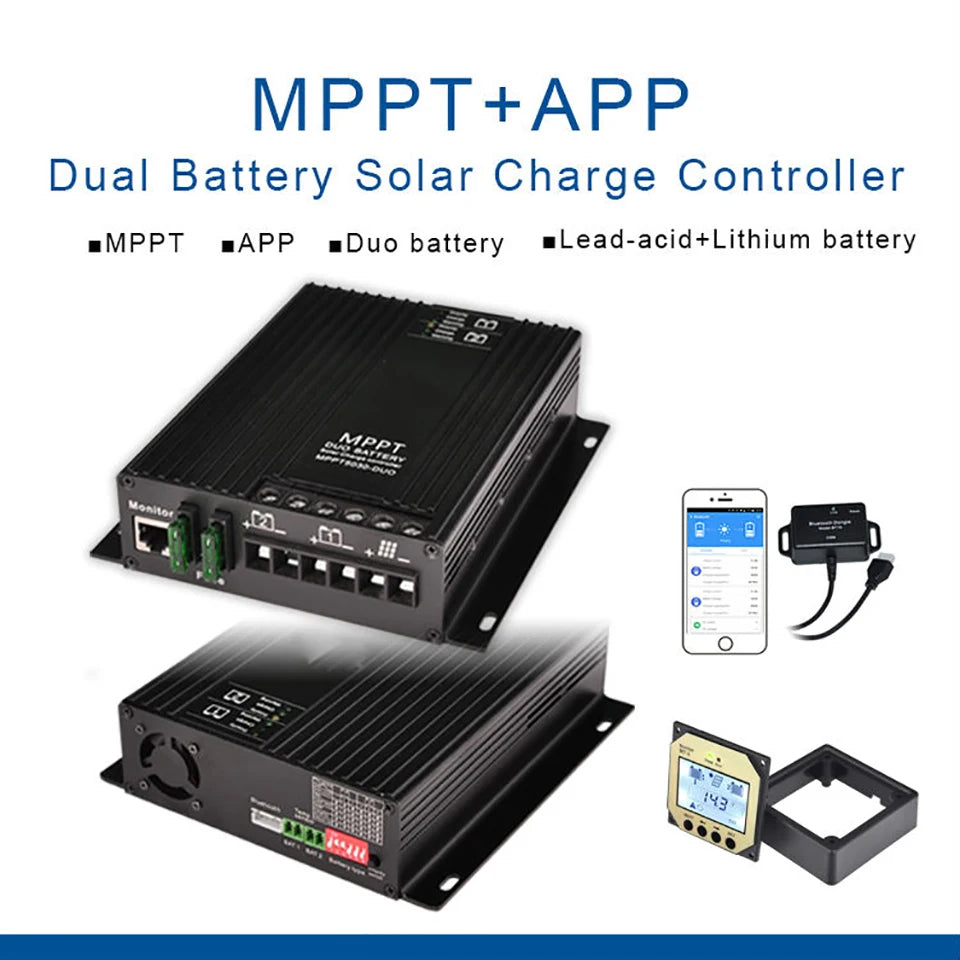 30A MPPT Controller, MPPT controller with Bluetooth app connectivity, LCD display, and dual battery support (lead-acid and lithium)