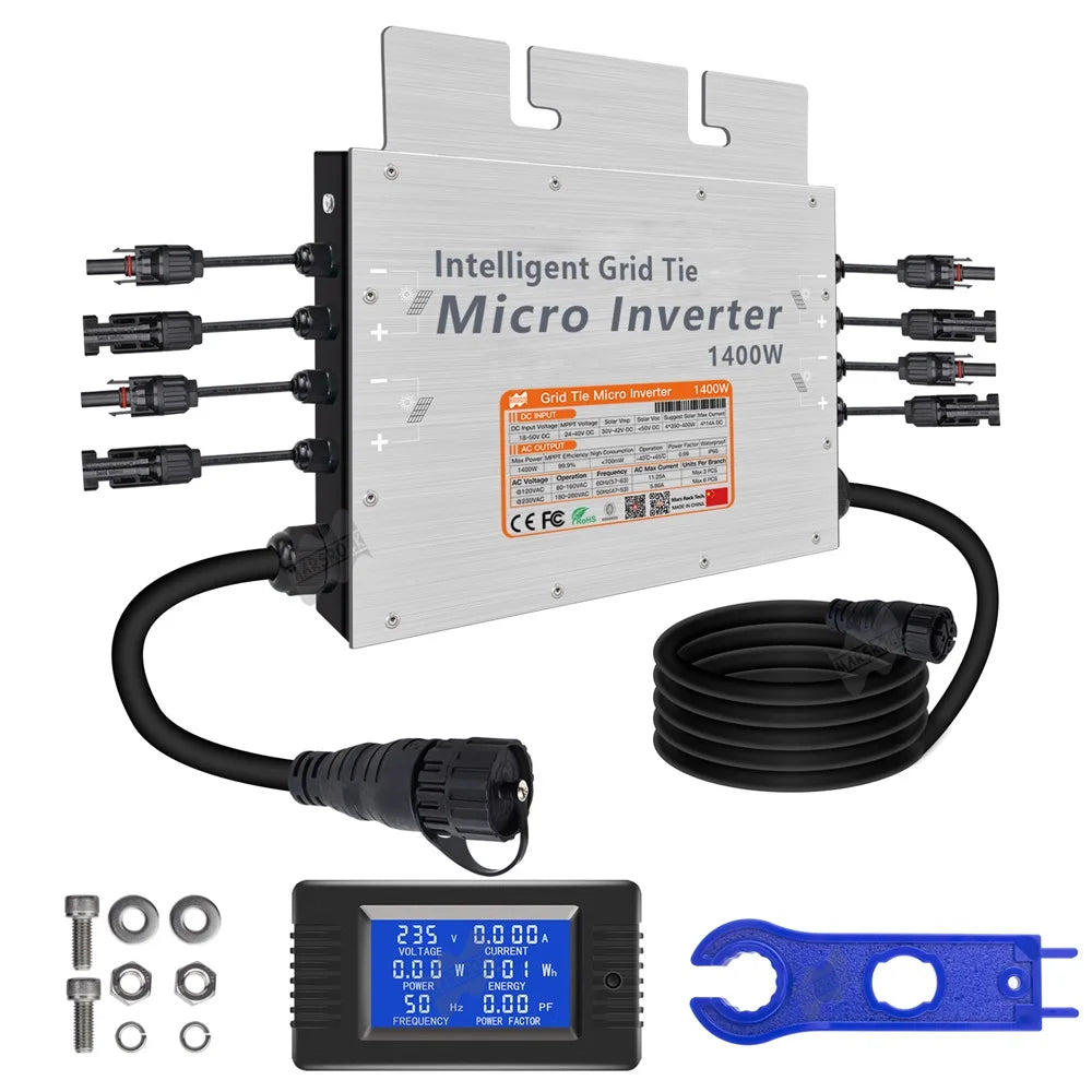 1400W IP65 Solar Grid Tie Micro Inverter, Solar grid-tie micro inverter with dual MPPT for 4x 300-350W panels, IP65 waterproof.