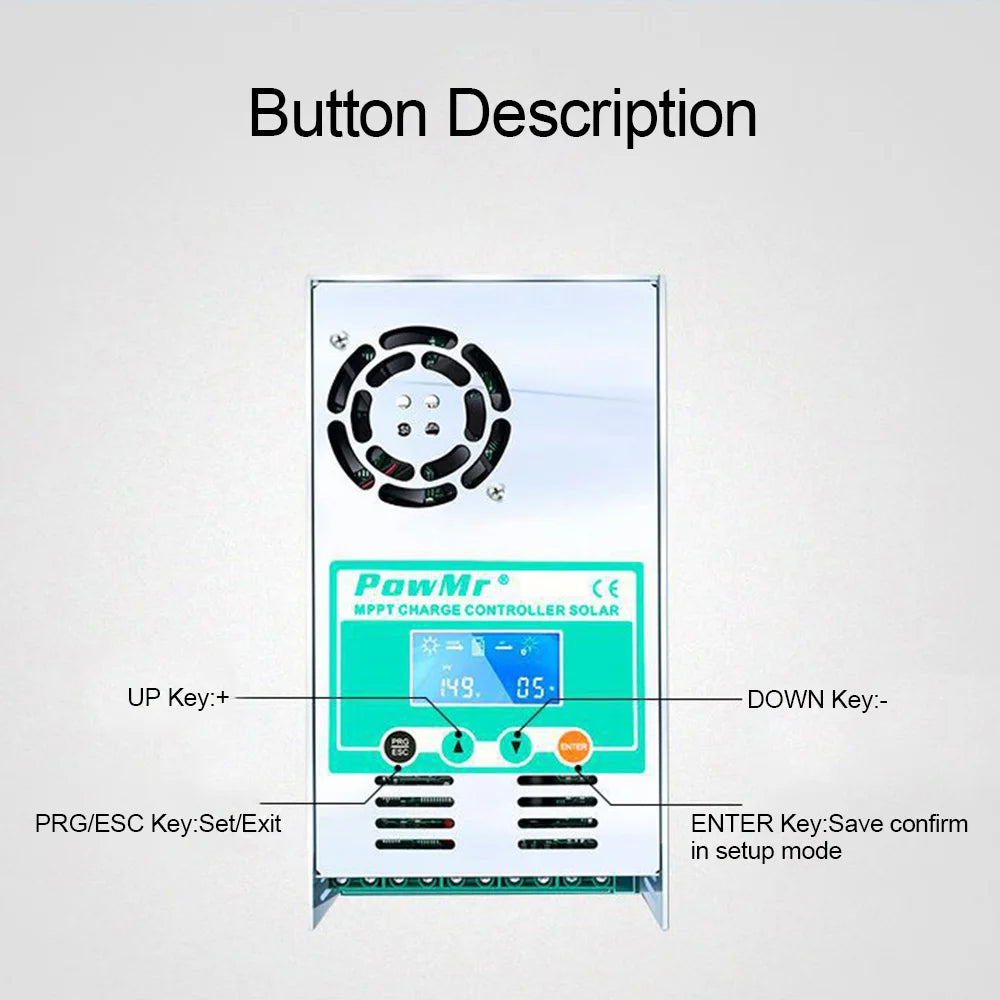 PowMr MPPT Solar Charge Controller, Operate PowMr's MPPT solar charge controller with buttons: adjust, down, exit/save, and enter.