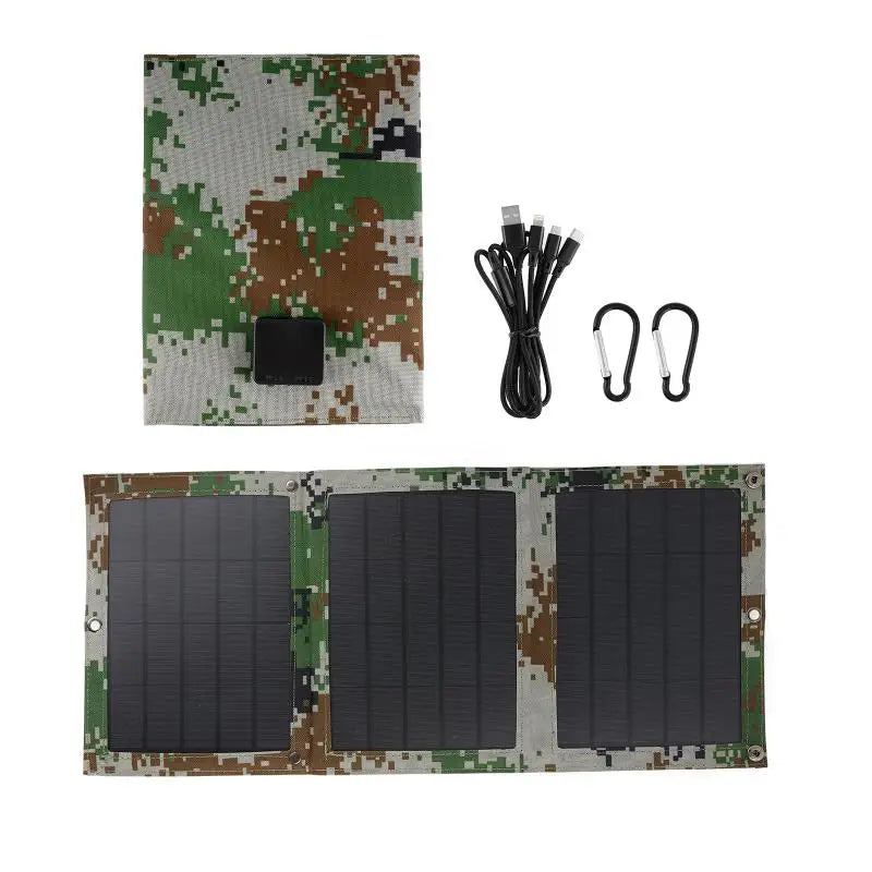 Foldable 5V 100W Dual USB Solar Panel, Waterproof solar panel charger with foldable design and 4-in-1 cable for charging multiple devices outdoors.