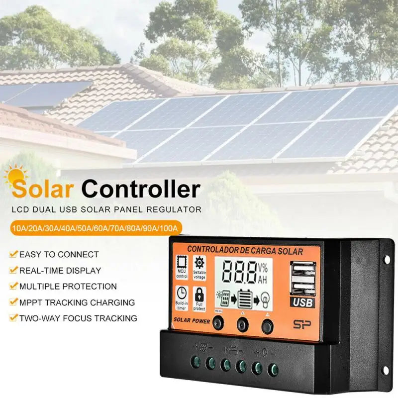 MPPT Solar Charge Controller with LCD display, dual USB ports, and multiple protection features for easy charging and device power.
