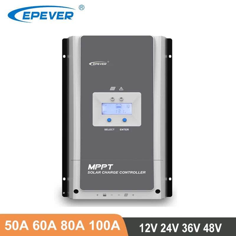 EPever MPPT Solar Charger Controller, Solar charger controller for 12V, 24V, and 48V batteries with adjustable current up to 100A.