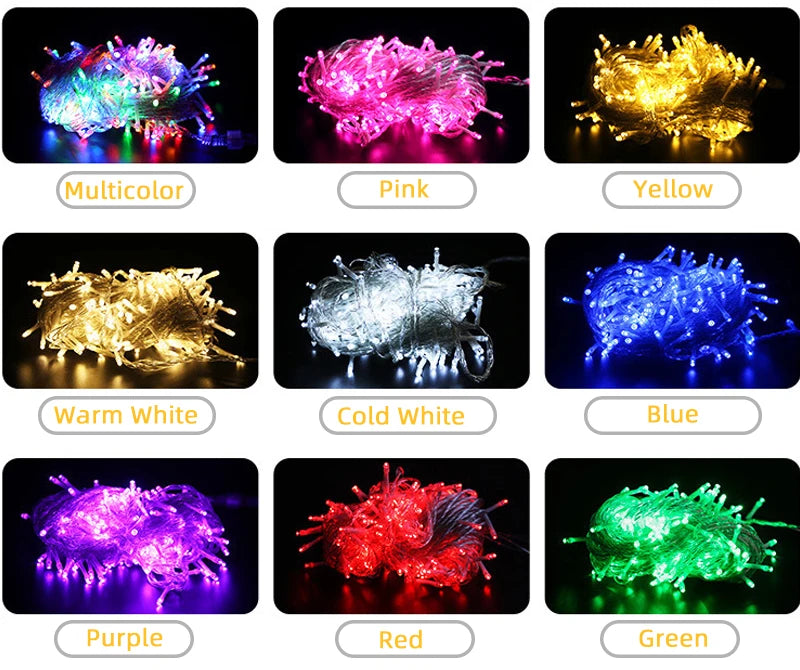 5M-100M Garland LED String Light, Vibrant colors: pink, yellow, white, blue, purple, red, and green