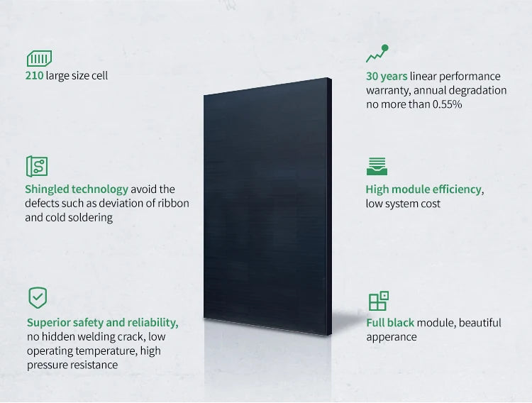 Bluesun 480w Solar Panel, High-efficiency solar panel with shingled tech and black design; 30-year warranty with low degradation rate.