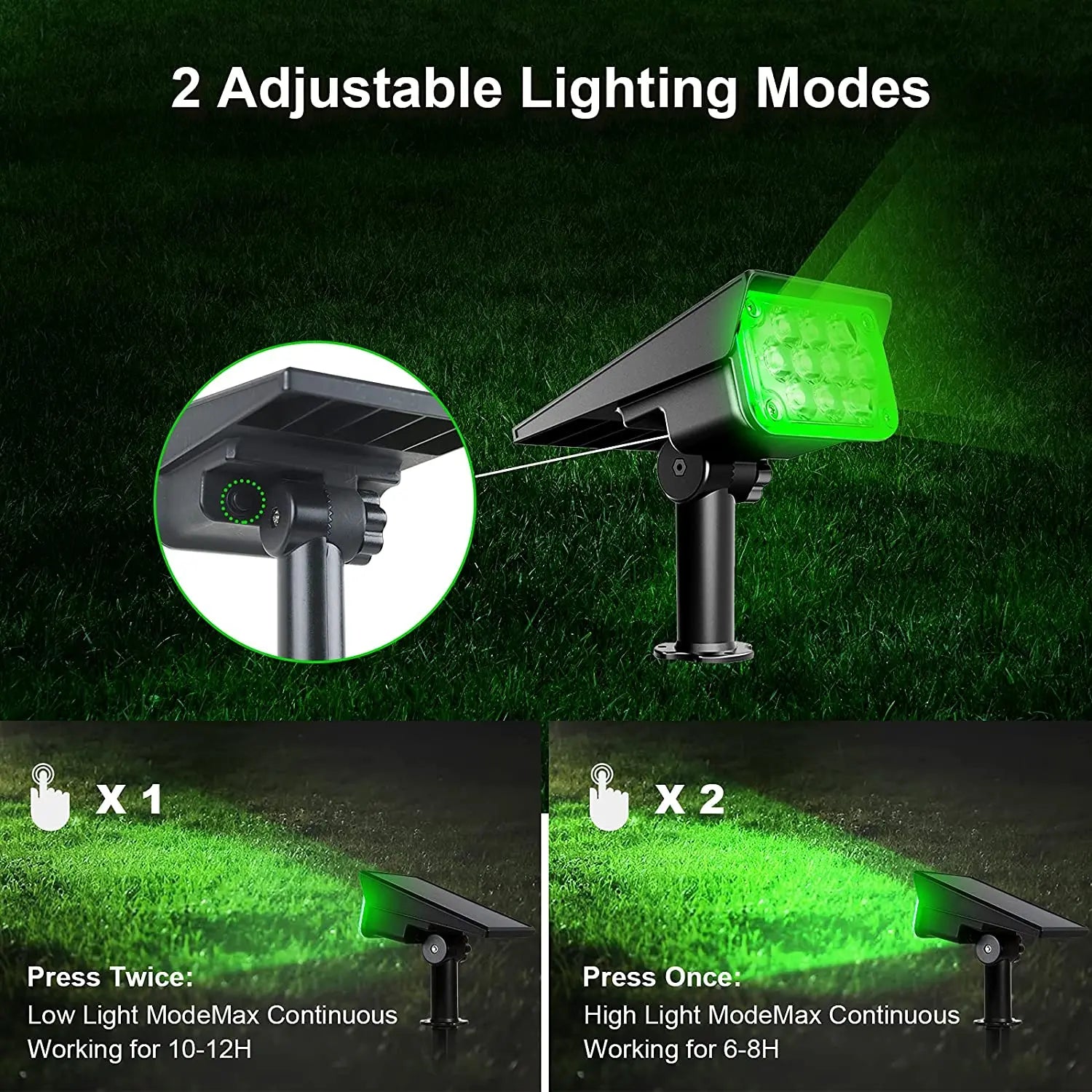 T-SUN Adjustable Solar Spotlight, Adjustable lighting modes: low (10-12 hours) or high (6-8 hours)