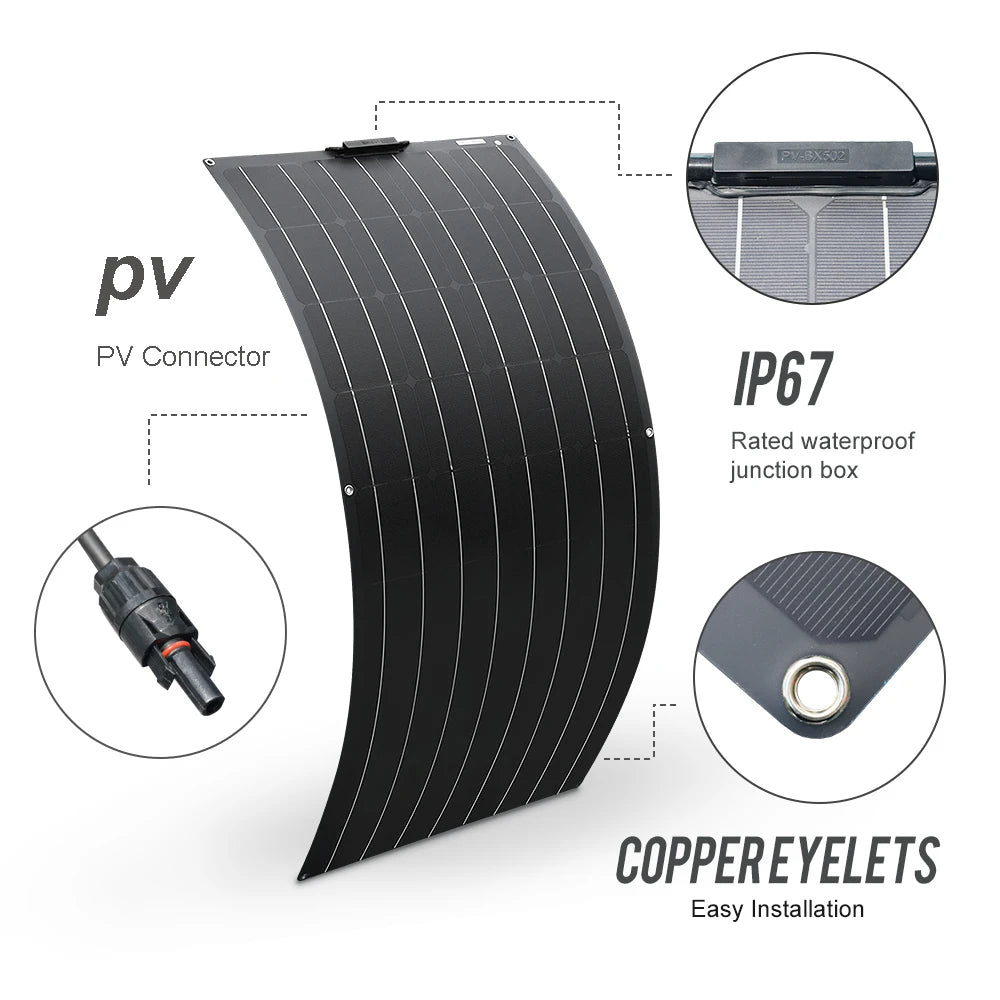 600w 300w 200w flexible solar panel, Waterproof connection ensures reliable performance in harsh environments with PV-executes and copper eyelets.