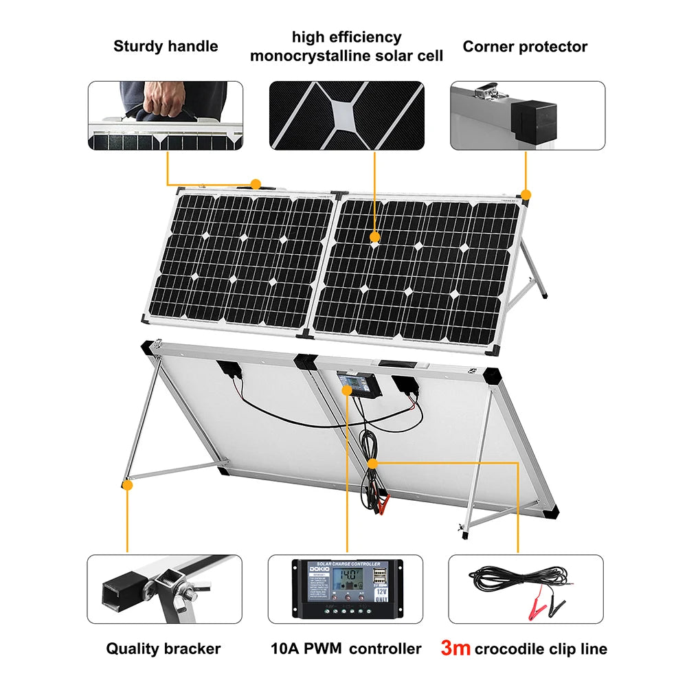 Dokio 100W 160W 200W Foldable Solar Panel, Solar panel features sturdy handle, corner protection, efficient cells, and easy connection via PWM controller and 3m crocodile clips.