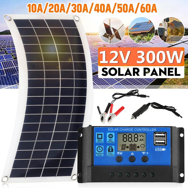 Portable 300W Solar Panel, Portable solar panel kit with 300W power, waterproof cells, and USB charger for phone use on-the-go.