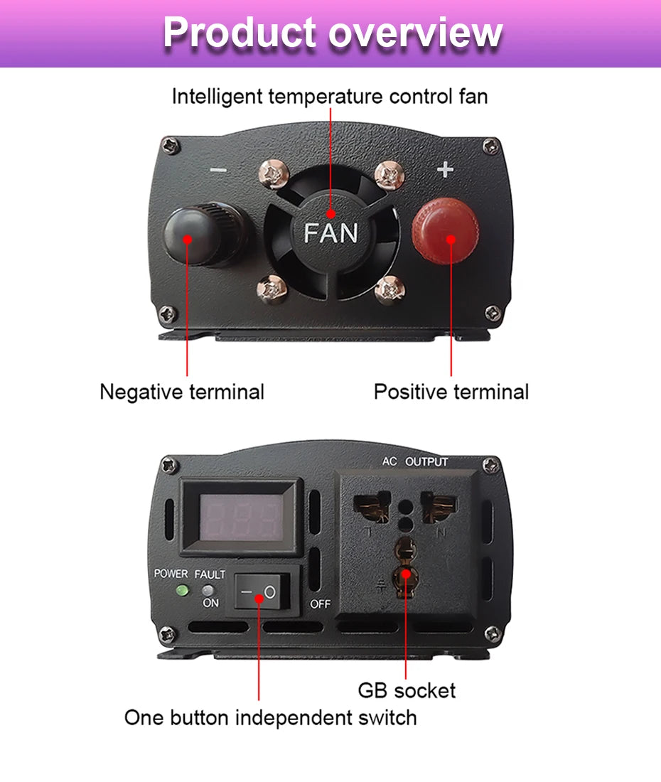 Pure Sine Wave Inverter, Solar power inverter for converting DC voltage to AC, with LED display and adjustable output from 110V to 220V.