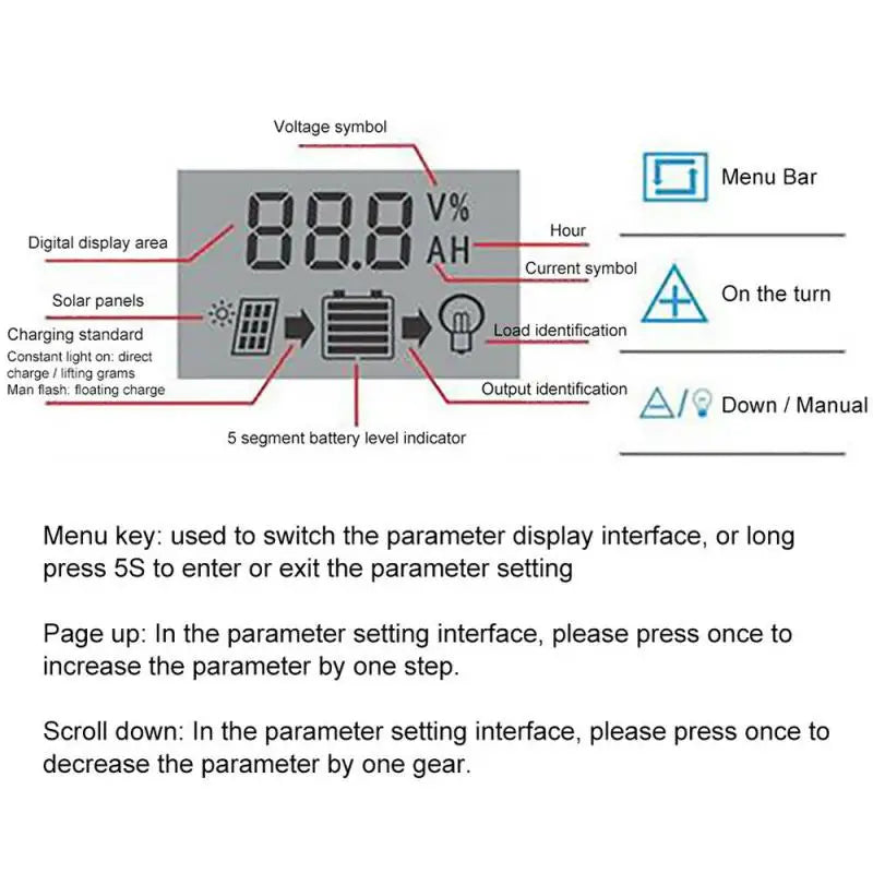 Operating menu for solar-powered device with features like charging and battery level monitoring.