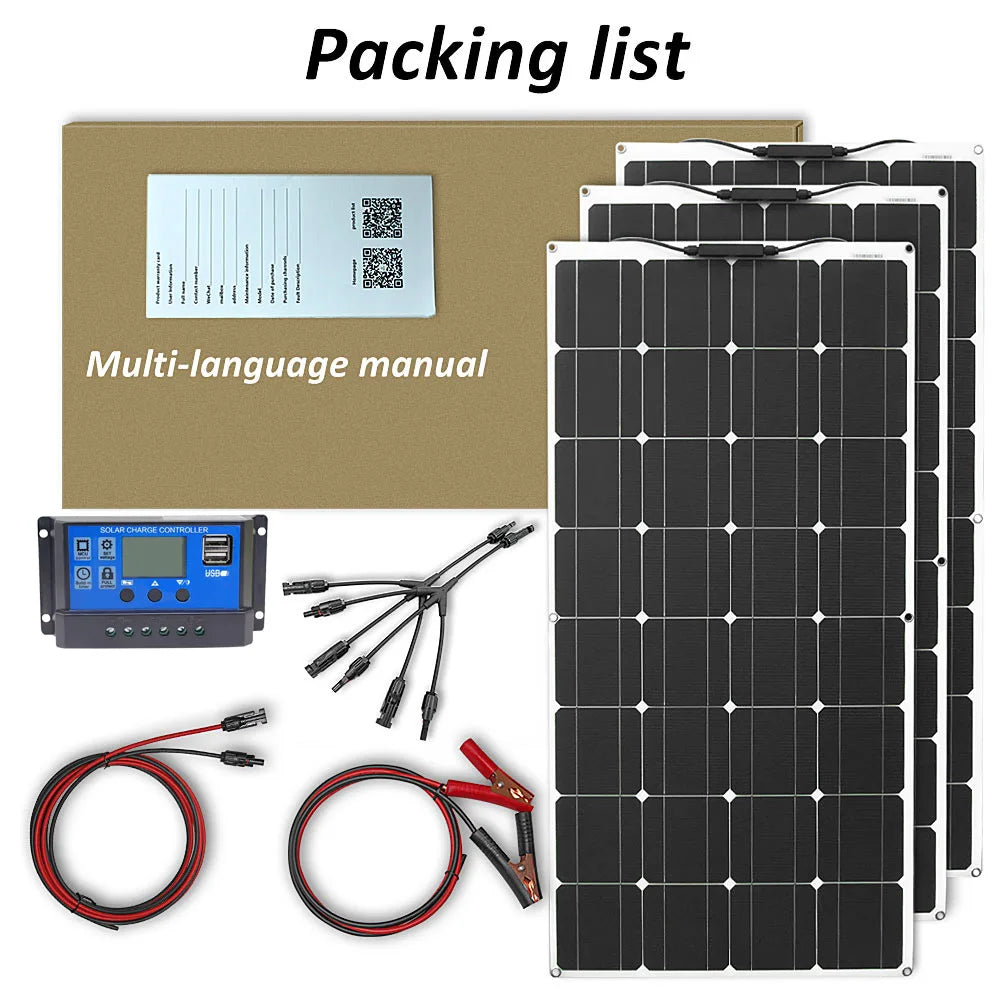 Kit includes solar panel, manual, and battery charger module. Multilingual instructions included.