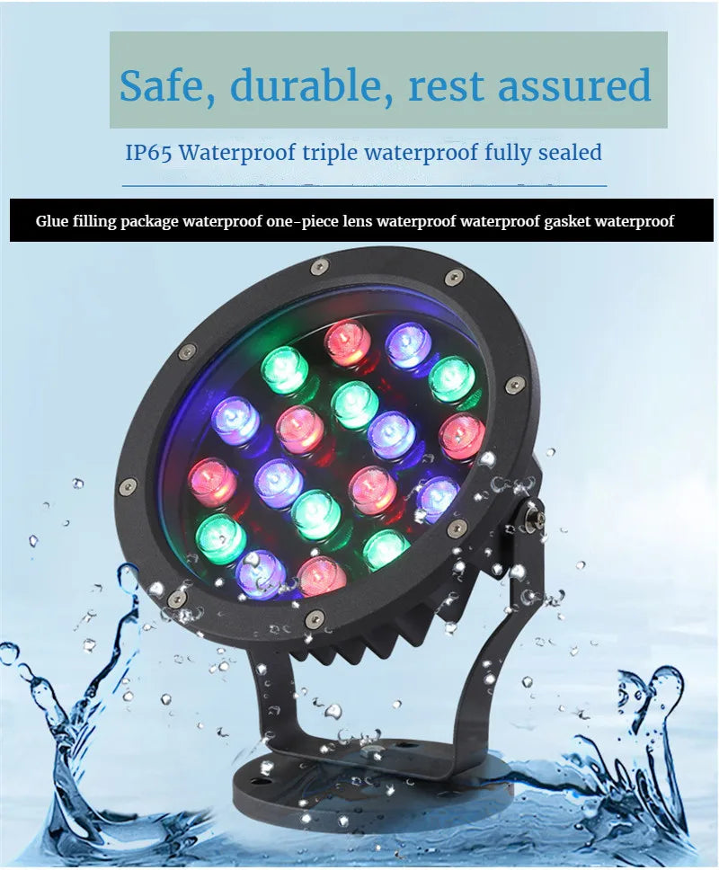 Waterproof lamp with sealed design, glue-filled lens, and gasket for protection against rain and moisture.