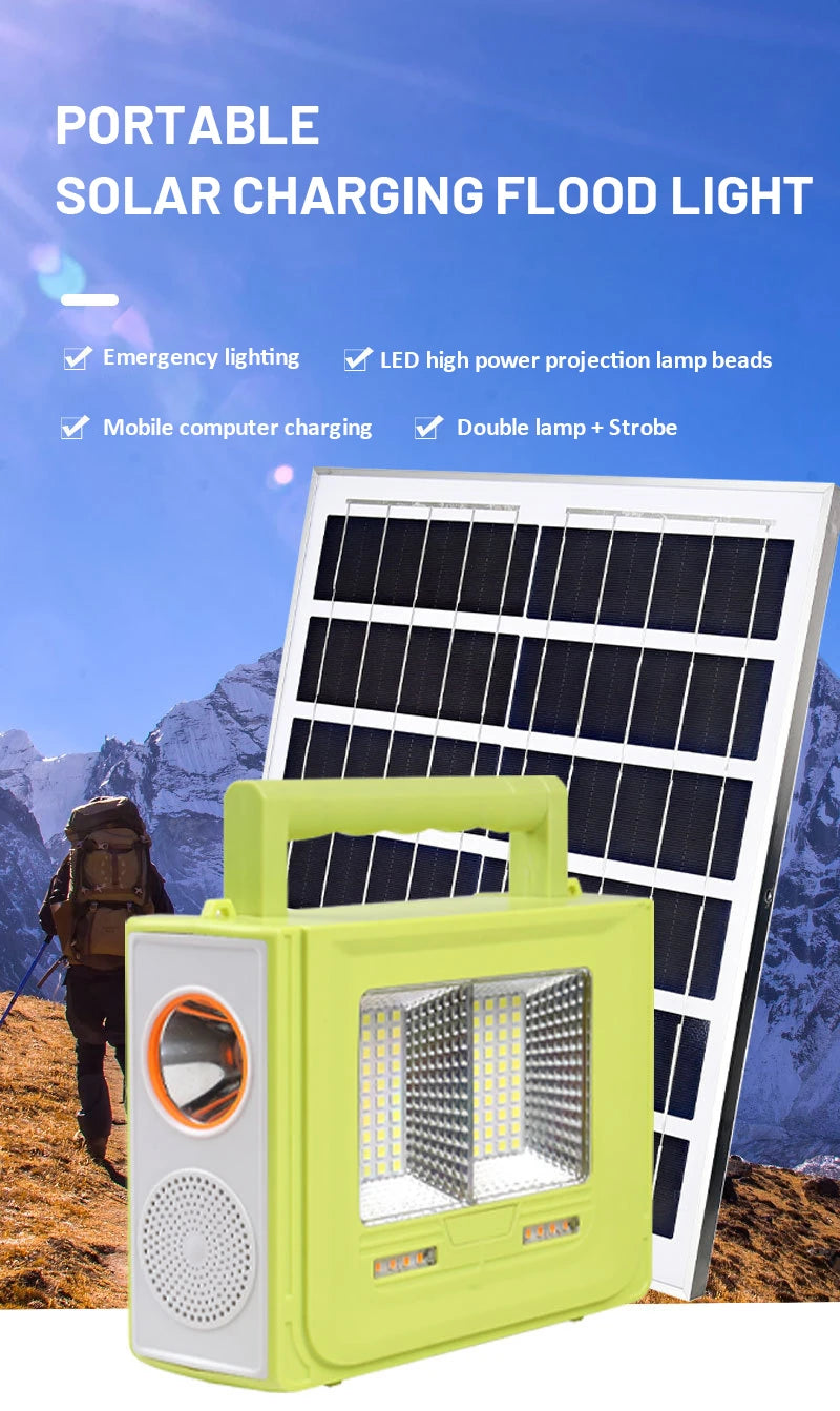 Emergency light with solar power, high-powered LED floodlight, and strobe feature for reliable lighting and charging.