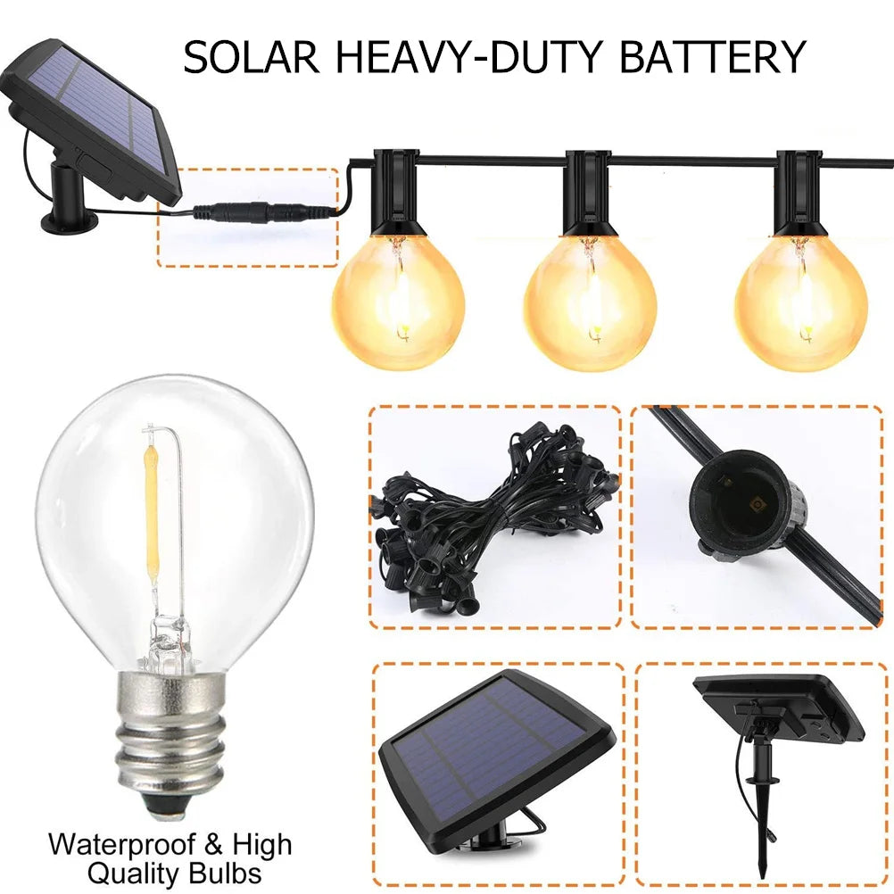 Reliable solar lighting with heavy-duty battery, waterproof design, and high-quality G40 bulbs.