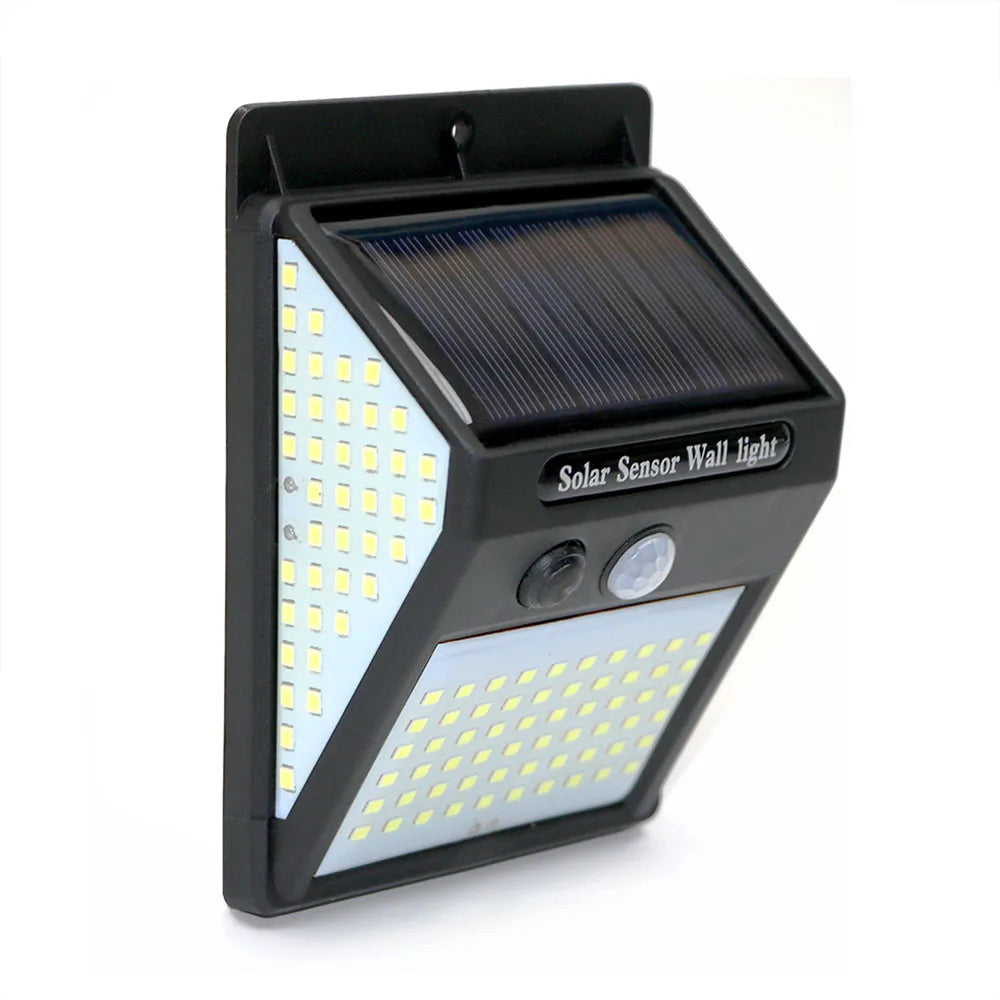 3sided 140LED PIR Motion Sensor Sunlight, Elegant solar-powered lamp with motion sensor and induction lighting for home garden pathway or yard illumination.