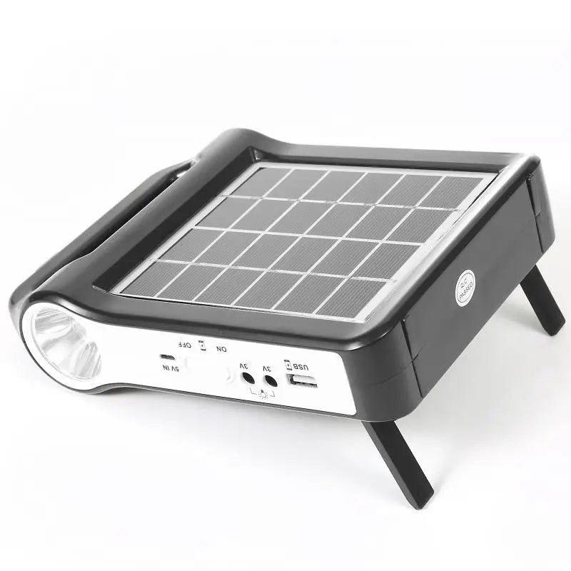 Portable 6V Rechargeable Solar Panel, Rechargeable solar power system with generator, USB charger, and lamp for portable energy storage at home.