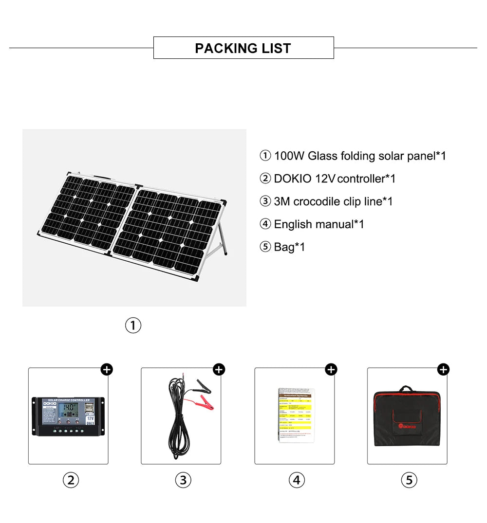 Dokio 100W Foldable Solar Panel, Compact foldable solar panel charger kit with 2x 50W panels and 12V controller for charging batteries or devices.