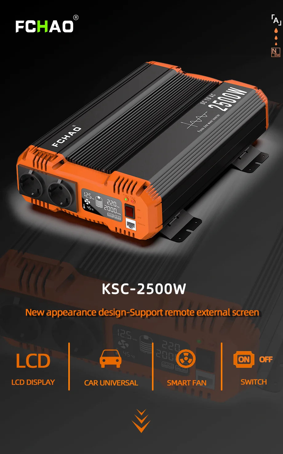 FCHAO 5000W Car Power Inverter, Pure sine wave car power inverter with LCD display and universal socket for home use.