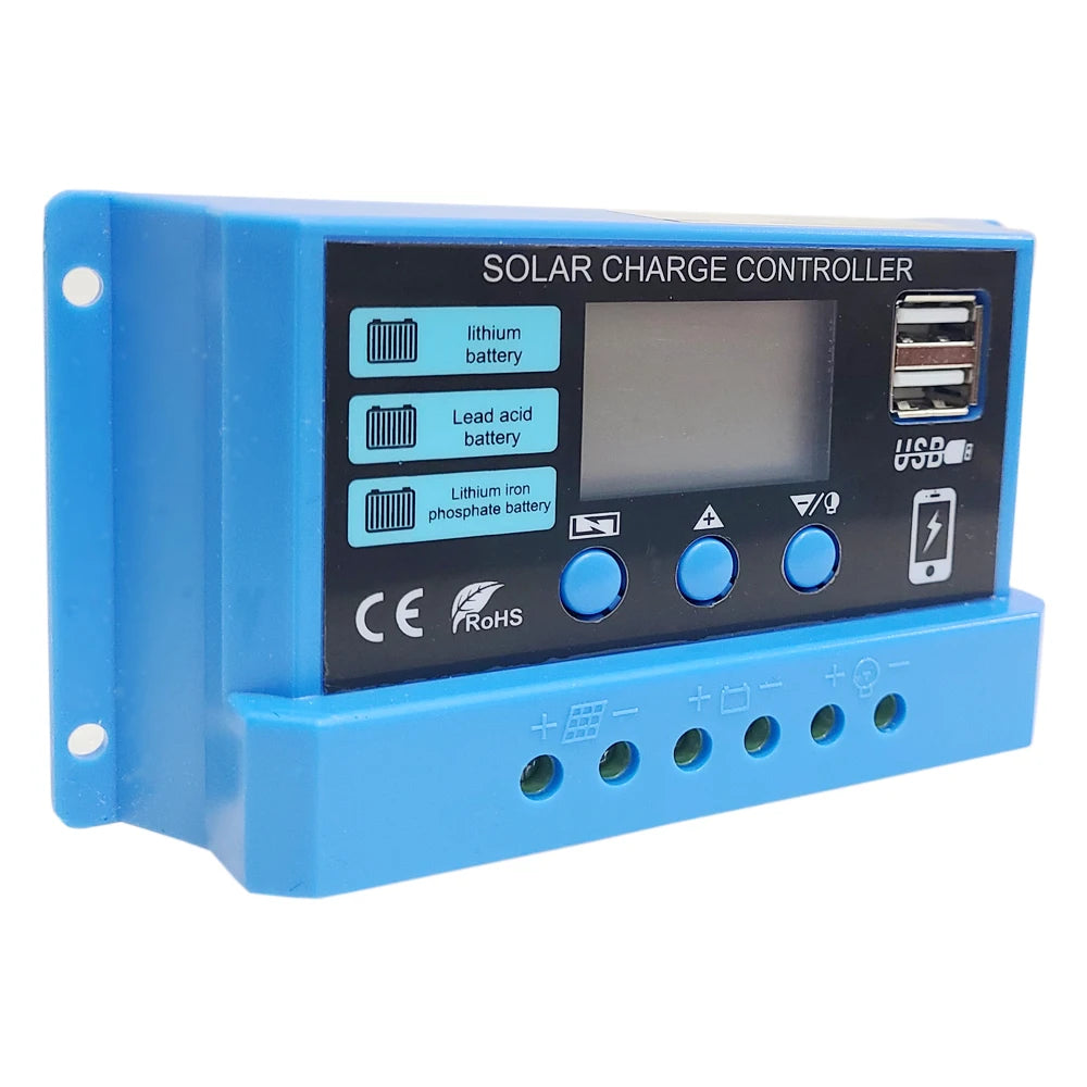 Solar charge controller for lithium, lead-acid, and LiFePO4 batteries with color screen and ROHS compliance.