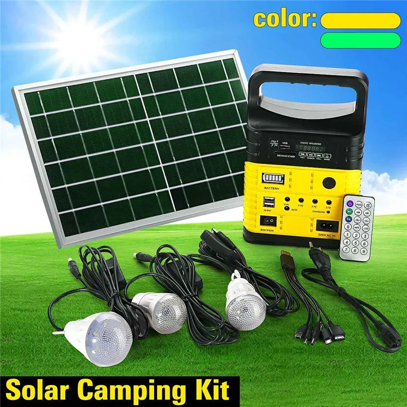 Portable solar generator for outdoor use, charging lead-acid battery and powering LED lights.