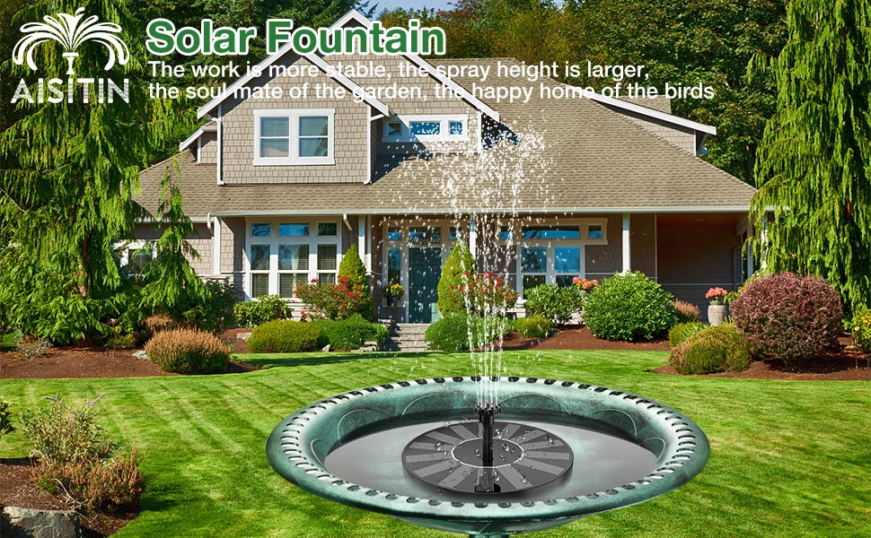 1.5W Solar Fountain, Solar-powered pond pump with adjustable nozzles creates mesmerizing display.