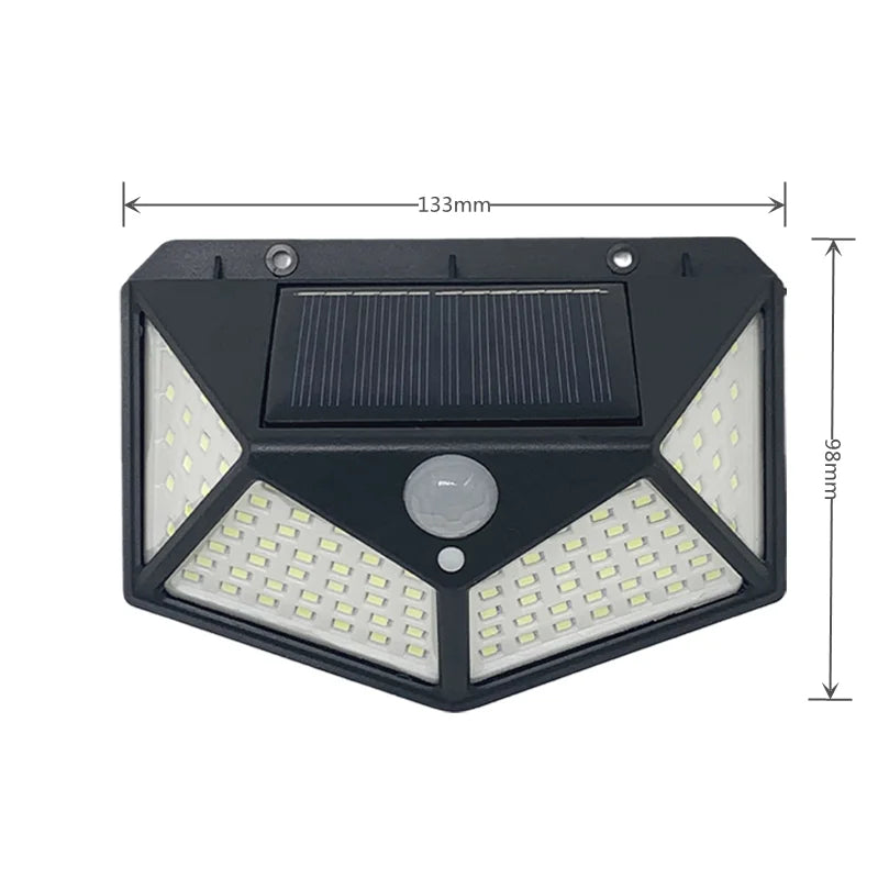 Outdoor 100 LED Solar Light, Solar-powered LED lantern with lithium battery, 20W output, and IP65 waterproof rating.